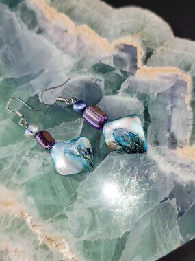 Real Pearl & Shell Drop Earrings Purple Accent Artisan Style